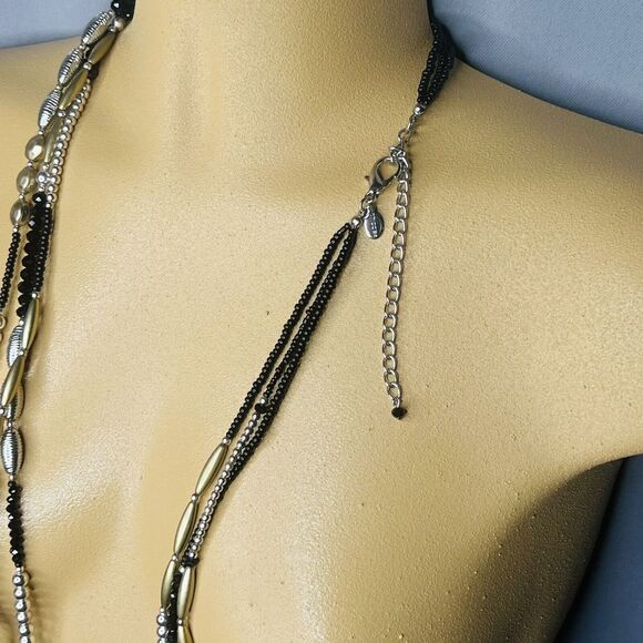 Chico's Statement Necklace Long Layered 3 Strand Beaded Black Silver Gold 1120 - Picture 5 of 11